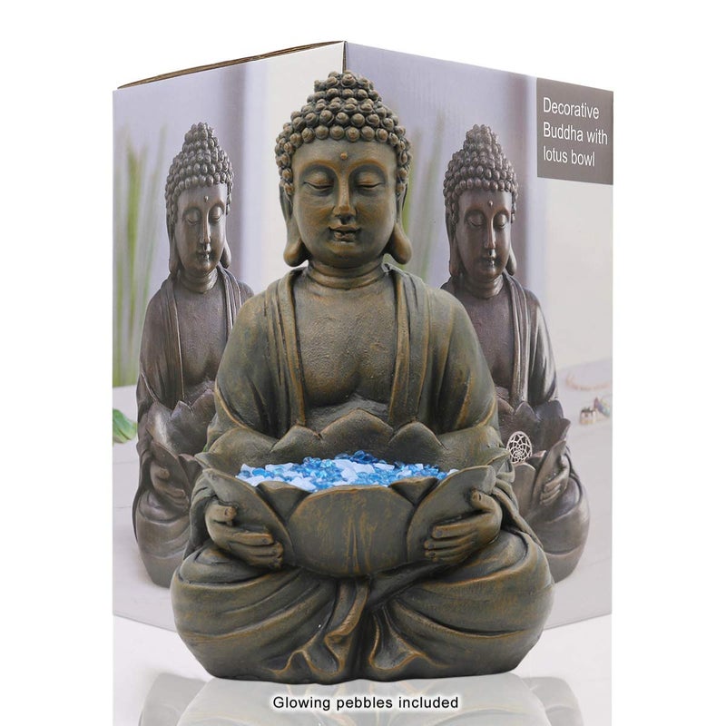 Goodeco 12" Meditating Buddha Statue Figurine w/Lotus - Zen Garden Statues for Indoor/Outdoor Decor- with Magical Glow in Dark Pebbles & Glass Stones, Ideal Gifts for Home (Brown) - Image 1